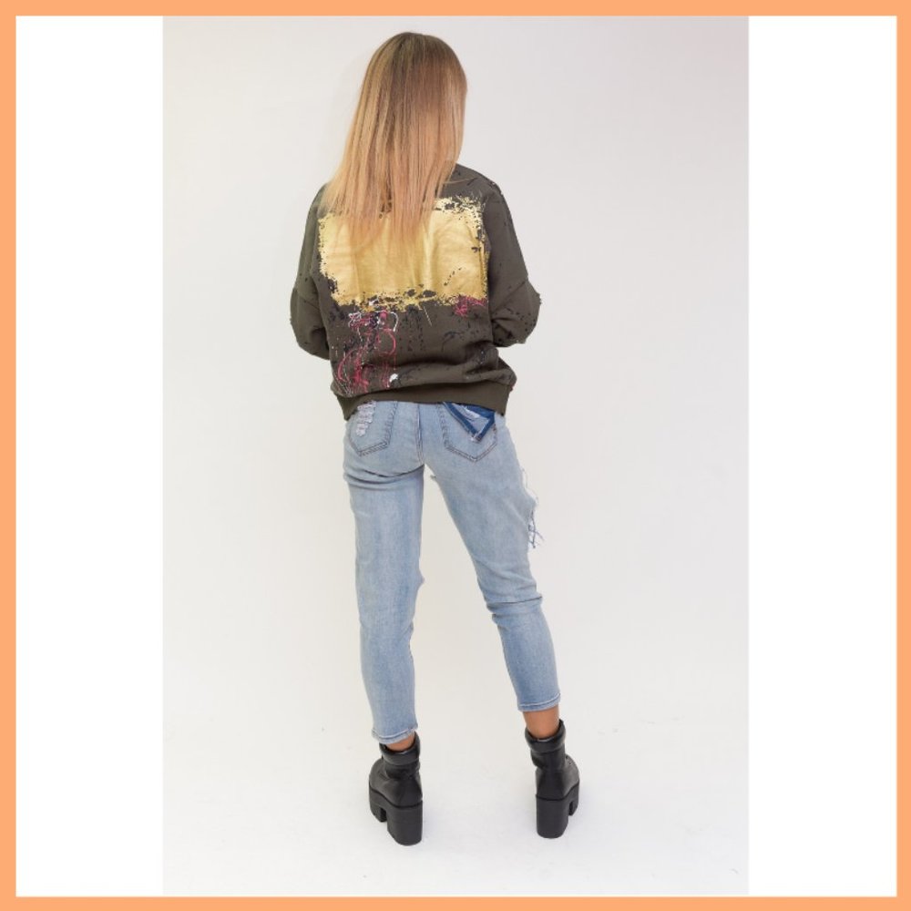 NWT Distressed Painted Sweatshirt (OIive Green) - Picture 4 of 4
